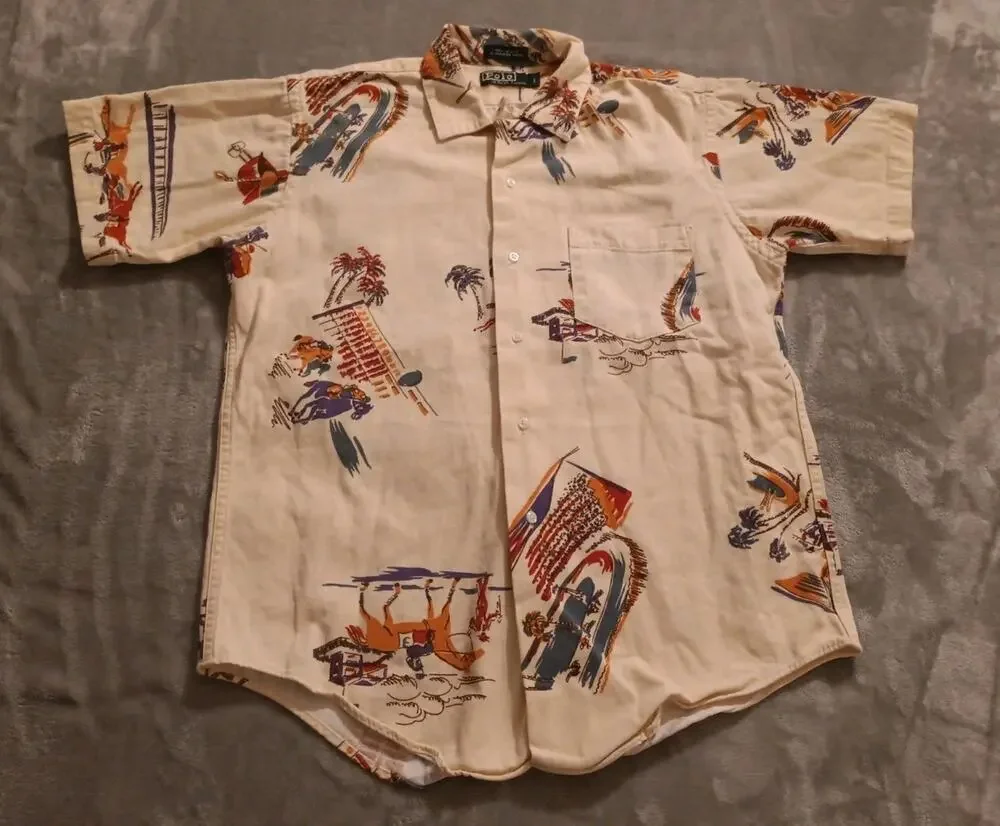 Vintage Polo Ralph Lauren Button Up Shirt Loop Collar Boys L Horse Racing